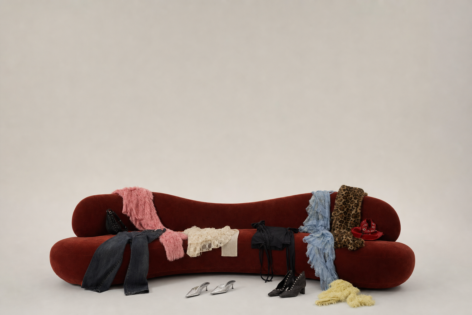 A chrome chair draped with a red silk garment and polka-dot fabric beside black boots in a studio