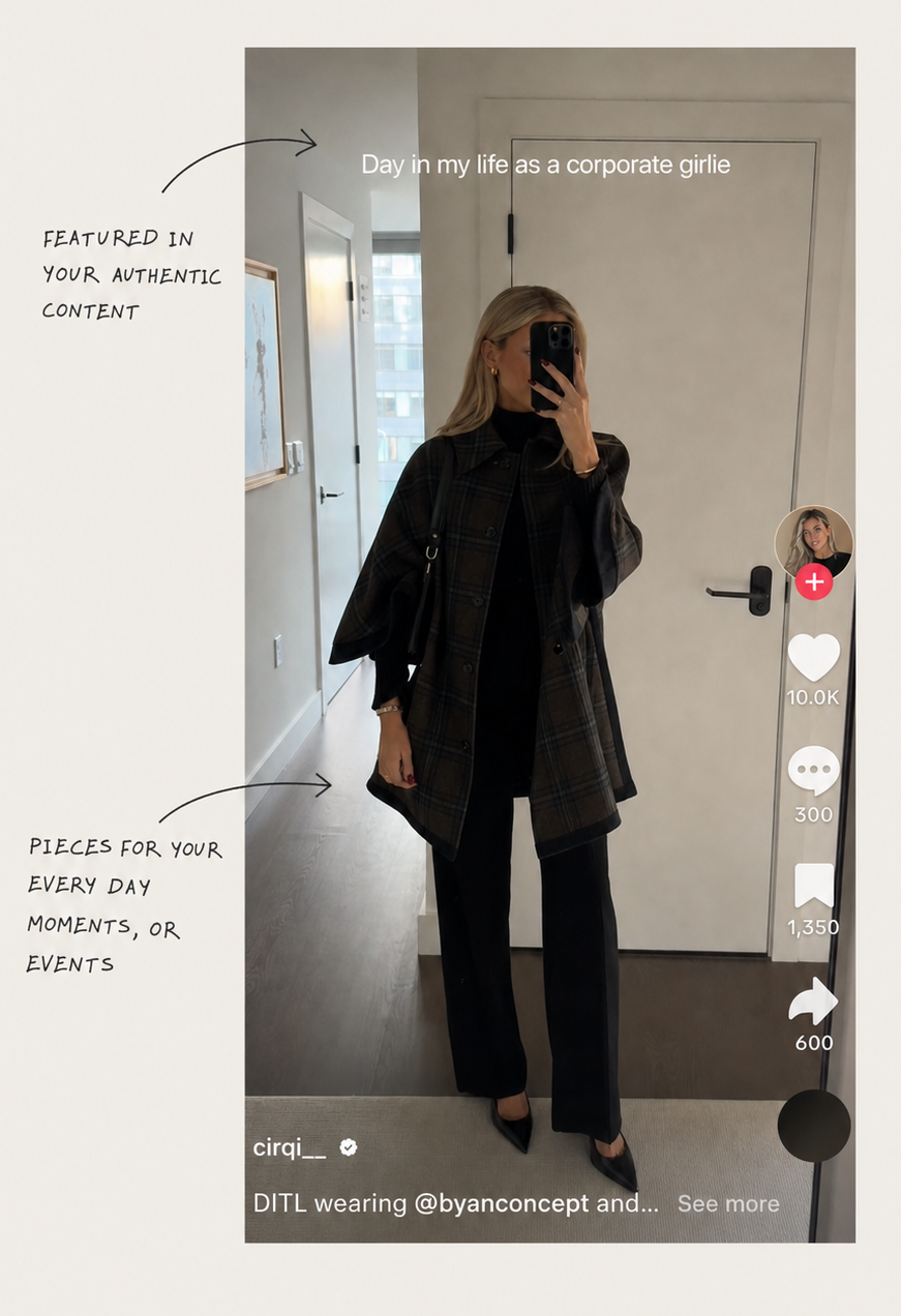 Creator in a corporate day-in-my-life video, showing how shared wardrobe pieces fit authentic content moments