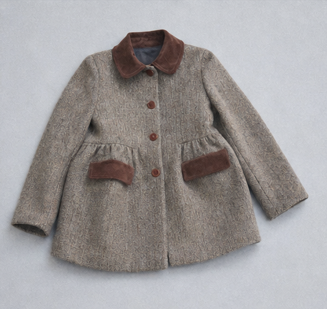 Grey tweed coat with brown velvet collar and pocket trims