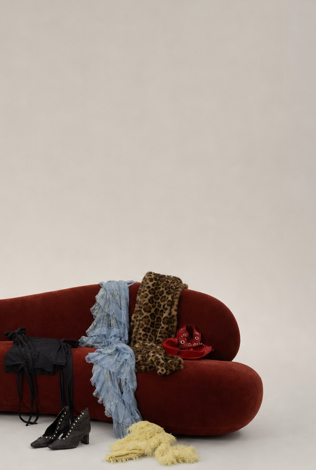 A chrome chair draped with a red silk garment and polka-dot fabric beside black boots in a studio
